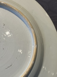 A Chinese bianco sopra bianco Belgian market armorial dish and a famille rose Dutch market armorial plate, Qianlong