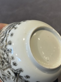 Four Chinese grisaille cups and saucers and a plate with blue-enamelled border, Qianlong