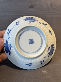 Five fine Chinese blue and white cups and saucers, 19th C.