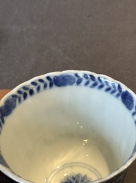 Five fine Chinese blue and white cups and saucers, 19th C.