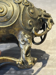 A fine Chinese bronze luduan-form censer and cover, Ming