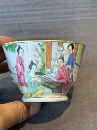 A Chinese Canton famille rose gilt-decorated cup and saucer and a famille verte tazza, 19th C.