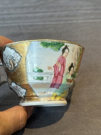 A Chinese Canton famille rose gilt-decorated cup and saucer and a famille verte tazza, 19th C.