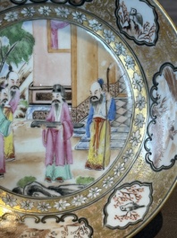 A Chinese Canton famille rose gilt-decorated cup and saucer and a famille verte tazza, 19th C.