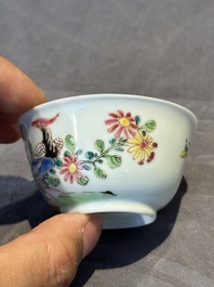 Two pairs of Chinese famille rose cups and saucers with pheasants and roosters, Yongzheng/Qianlong