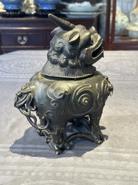 A fine Chinese bronze luduan-form censer and cover, Ming