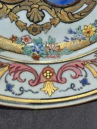 A Chinese bianco sopra bianco Belgian market armorial dish and a famille rose Dutch market armorial plate, Qianlong