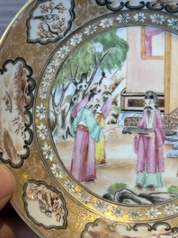 A Chinese Canton famille rose gilt-decorated cup and saucer and a famille verte tazza, 19th C.
