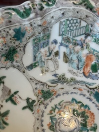 A Chinese Canton famille rose gilt-decorated cup and saucer and a famille verte tazza, 19th C.