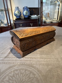 A Chinese Huanghuali wood coffin-shaped offering box and cover with mountainous landscape design, 17/18th C.