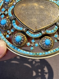 A Mughal gold belt ornament inlaid with jade, diamonds and turquoise, Delhi, Northern India, 17/18th C.