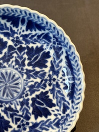 Five fine Chinese blue and white cups and saucers, 19th C.