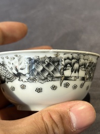 Four Chinese grisaille cups and saucers and a plate with blue-enamelled border, Qianlong