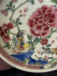 Two pairs of Chinese famille rose cups and saucers with pheasants and roosters, Yongzheng/Qianlong