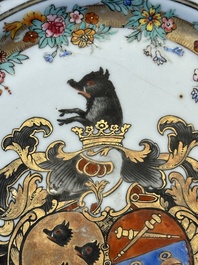 A Chinese bianco sopra bianco Belgian market armorial dish and a famille rose Dutch market armorial plate, Qianlong