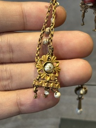 Three pairs of gold earrings with pearls and two gold pendants, Roman Era, 2nd/3rd C.