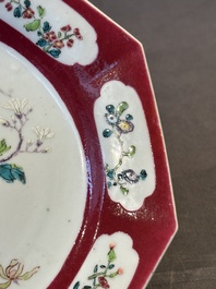 A Chinese octagonal famille rose ruby border plate with a flower basket, Yongzheng