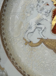 A Chinese bianco sopra bianco Belgian market armorial dish and a famille rose Dutch market armorial plate, Qianlong