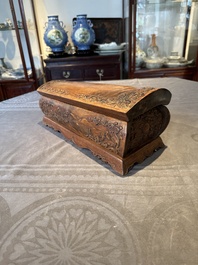 A Chinese Huanghuali wood coffin-shaped offering box and cover with mountainous landscape design, 17/18th C.