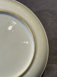 Four Chinese grisaille cups and saucers and a plate with blue-enamelled border, Qianlong