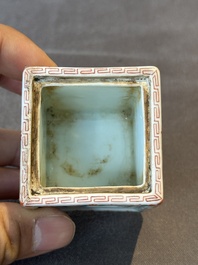 A Chinese famille rose covered seal paste box and a square famille verte covered censer, Qianlong mark, 19th C.