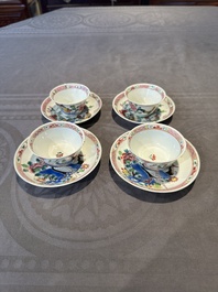 Two pairs of Chinese famille rose cups and saucers with pheasants and roosters, Yongzheng/Qianlong