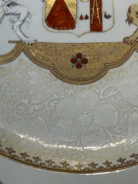 A Chinese bianco sopra bianco Belgian market armorial dish and a famille rose Dutch market armorial plate, Qianlong