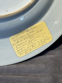 A Chinese bianco sopra bianco Belgian market armorial dish and a famille rose Dutch market armorial plate, Qianlong