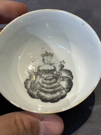 Four Chinese grisaille cups and saucers and a plate with blue-enamelled border, Qianlong