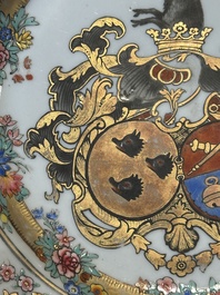 A Chinese bianco sopra bianco Belgian market armorial dish and a famille rose Dutch market armorial plate, Qianlong
