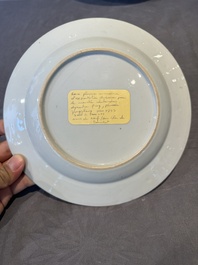 A Chinese bianco sopra bianco Belgian market armorial dish and a famille rose Dutch market armorial plate, Qianlong