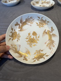 Five Chinese gilt-decorated eggshell porcelain 'phoenix' plates, Yongzheng