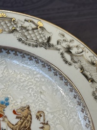 A Chinese bianco sopra bianco Belgian market armorial dish and a famille rose Dutch market armorial plate, Qianlong