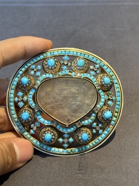 A Mughal gold belt ornament inlaid with jade, diamonds and turquoise, Delhi, Northern India, 17/18th C.
