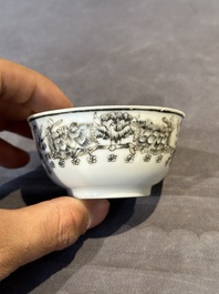 Four Chinese grisaille cups and saucers and a plate with blue-enamelled border, Qianlong