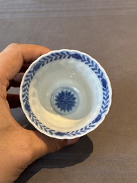 Five fine Chinese blue and white cups and saucers, 19th C.