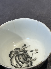 Four Chinese grisaille cups and saucers and a plate with blue-enamelled border, Qianlong