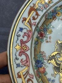 A Chinese bianco sopra bianco Belgian market armorial dish and a famille rose Dutch market armorial plate, Qianlong