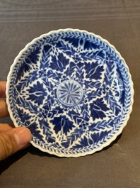 Five fine Chinese blue and white cups and saucers, 19th C.