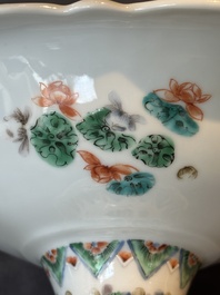 A Chinese Canton famille rose gilt-decorated cup and saucer and a famille verte tazza, 19th C.