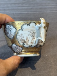 A Chinese Canton famille rose gilt-decorated cup and saucer and a famille verte tazza, 19th C.