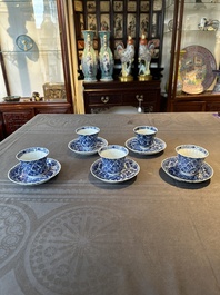 Five fine Chinese blue and white cups and saucers, 19th C.