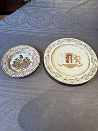 A Chinese bianco sopra bianco Belgian market armorial dish and a famille rose Dutch market armorial plate, Qianlong