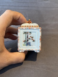 A Chinese famille rose covered seal paste box and a square famille verte covered censer, Qianlong mark, 19th C.