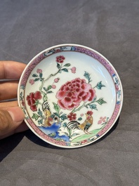 Two pairs of Chinese famille rose cups and saucers with pheasants and roosters, Yongzheng/Qianlong