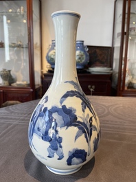 A Chinese blue and white bottle vase with court ladies and playing boys, Chenghua mark, Kangxi