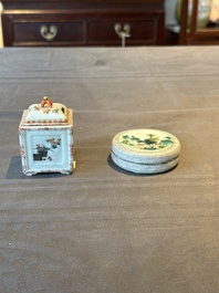 A Chinese famille rose covered seal paste box and a square famille verte covered censer, Qianlong mark, 19th C.