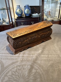 A Chinese Huanghuali wood coffin-shaped offering box and cover with mountainous landscape design, 17/18th C.