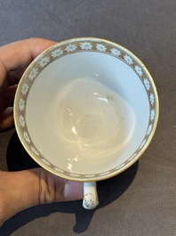 A Chinese Canton famille rose gilt-decorated cup and saucer and a famille verte tazza, 19th C.