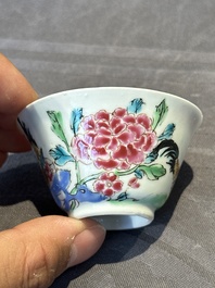 Two pairs of Chinese famille rose cups and saucers with pheasants and roosters, Yongzheng/Qianlong